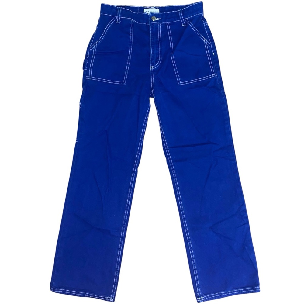 Zara Royal Blue Carpenter Cargo Pants With White Stitching Women’s Size US 2